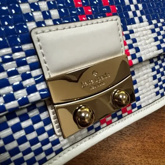 Kate spade clutch purse with dustbag blue white pink woven plaid front flap chic